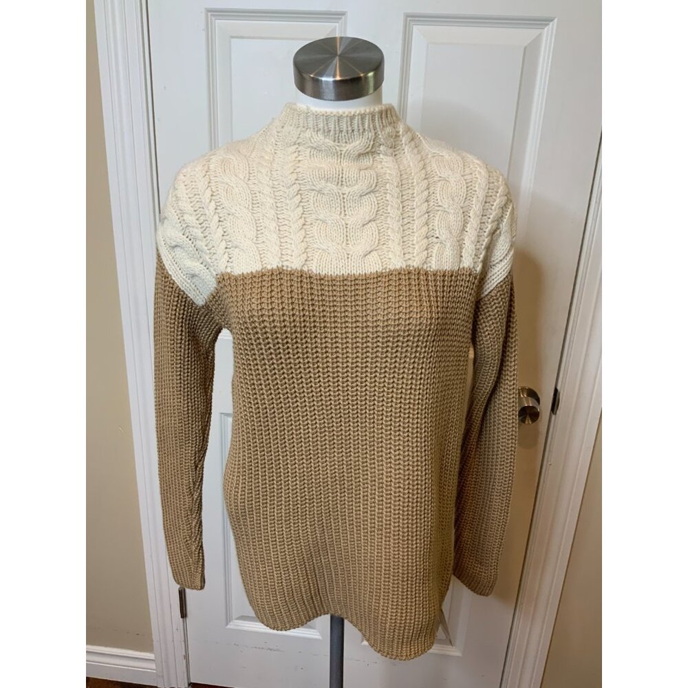 Sandro Paris Cream Tan Cable Knit Colorblock Wool Mock Neck Sweater, Size Small